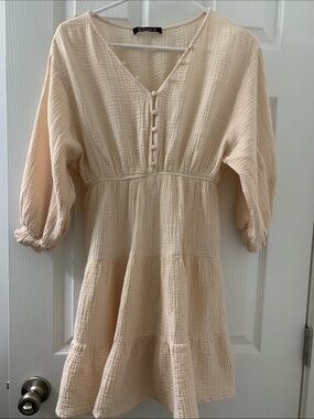 Simple Cream Textured Mini Dress with Button Front
